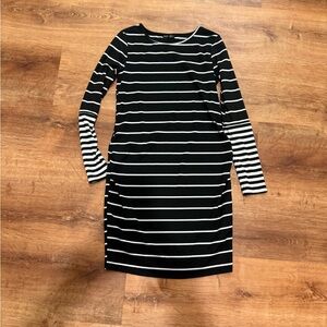 Maternity Black & White Striped Ribbed Long-Sleeve Dress